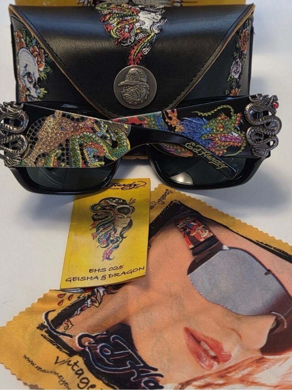 Ed Hardy Black Sunglasses with Multicolor Geisha & Dragon Embellishments